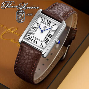 Mens Pierre Lucerne Brown Leather White Dial Tank Watch